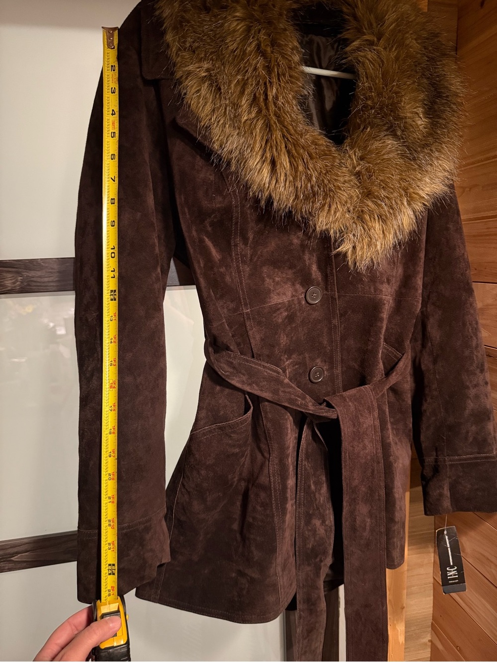 INC International Concepts Dark Brown Trench Coat with Faux-Fur Collar - Picture 3 of 6